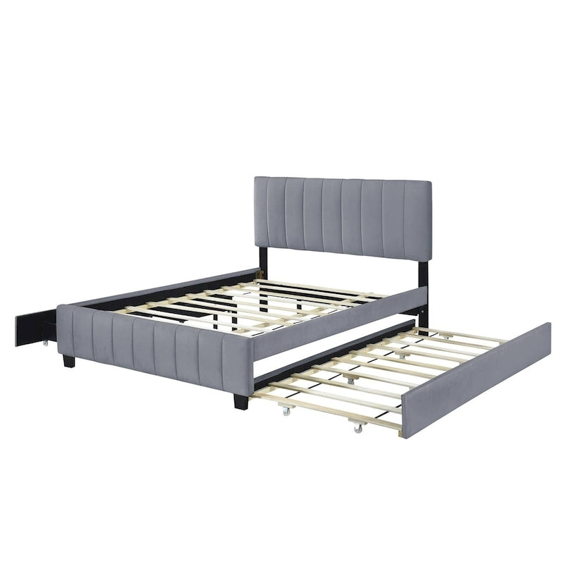 Velvet Queen Platform Bed - Tufted Headboard - 2 Drawers & Twin XL Trundle