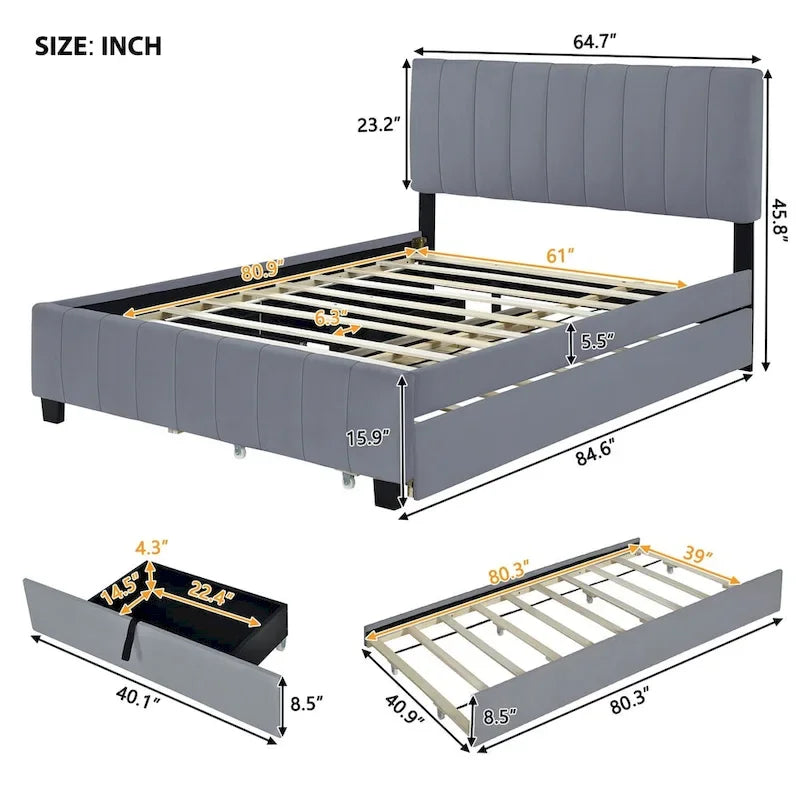 Velvet Queen Platform Bed - Tufted Headboard - 2 Drawers & Twin XL Trundle