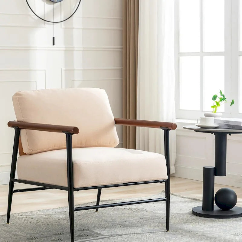 Linen Accent Chair - Wood Armrests - Metal Frame - Overstuffed Cushion
