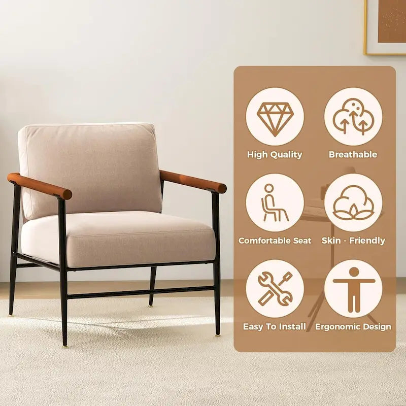 Linen Accent Chair - Wood Armrests - Metal Frame - Overstuffed Cushion