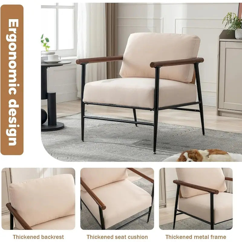 Linen Accent Chair - Wood Armrests - Metal Frame - Overstuffed Cushion
