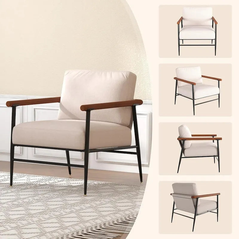 Linen Accent Chair - Wood Armrests - Metal Frame - Overstuffed Cushion