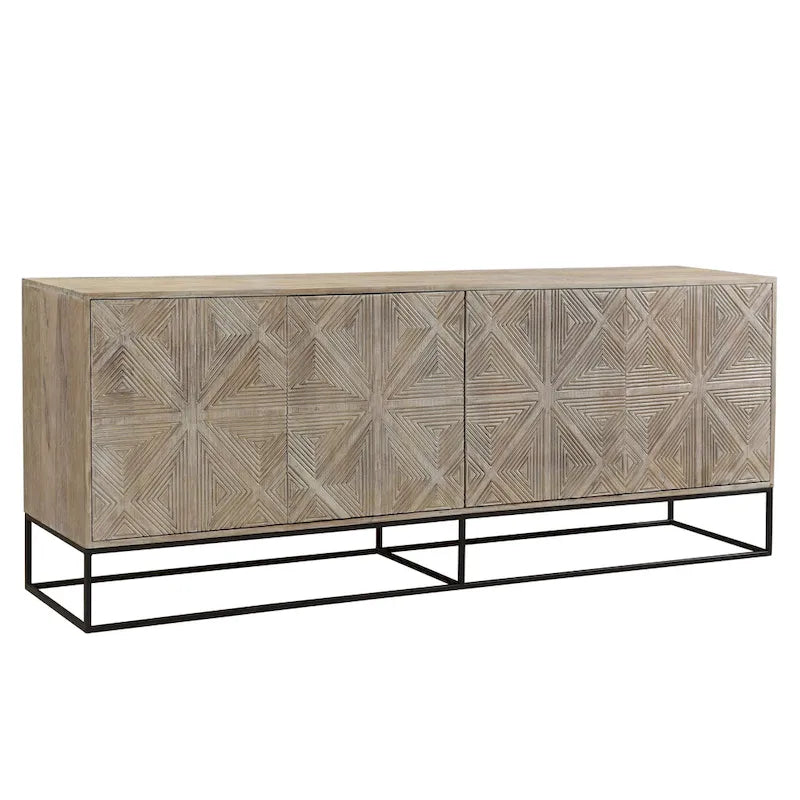 Zion 84 Mango Wood Carved 4-Door Sideboard with Iron Base