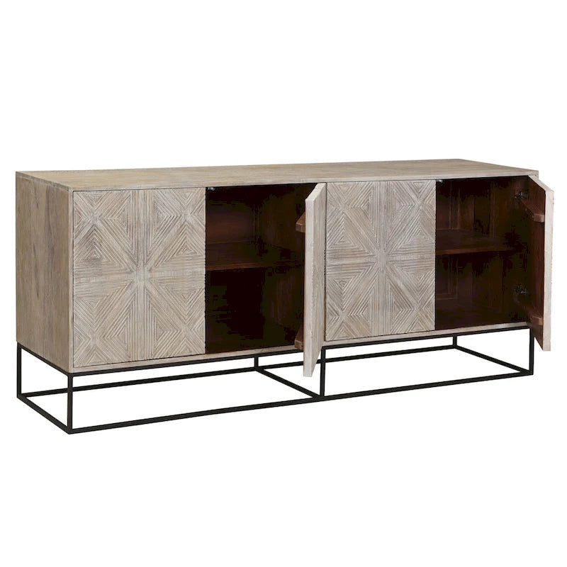 Zion 84 Mango Wood Carved 4-Door Sideboard with Iron Base