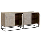 Zion 84 Mango Wood Carved 4-Door Sideboard with Iron Base