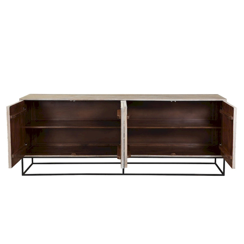 Zion 84 Mango Wood Carved 4-Door Sideboard with Iron Base