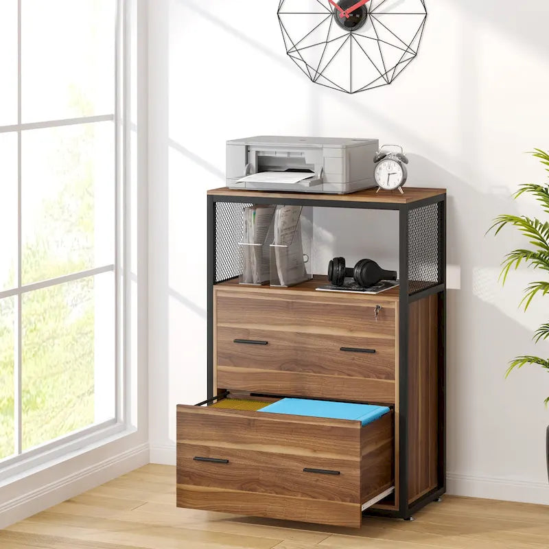Walnut/ Black 2 Drawer Lateral File Cabinet with Open Storage Shelves, Industrial Filing Cabinet Printer Stand