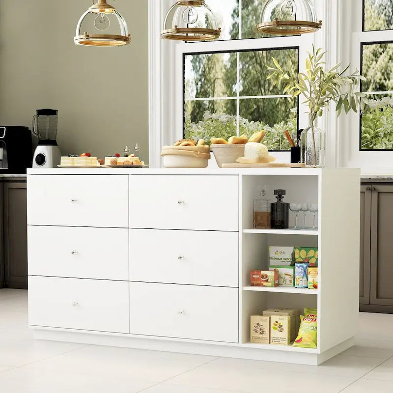 White Storage Sideboard - 63W - 6 Drawers & 2 Cabinets
