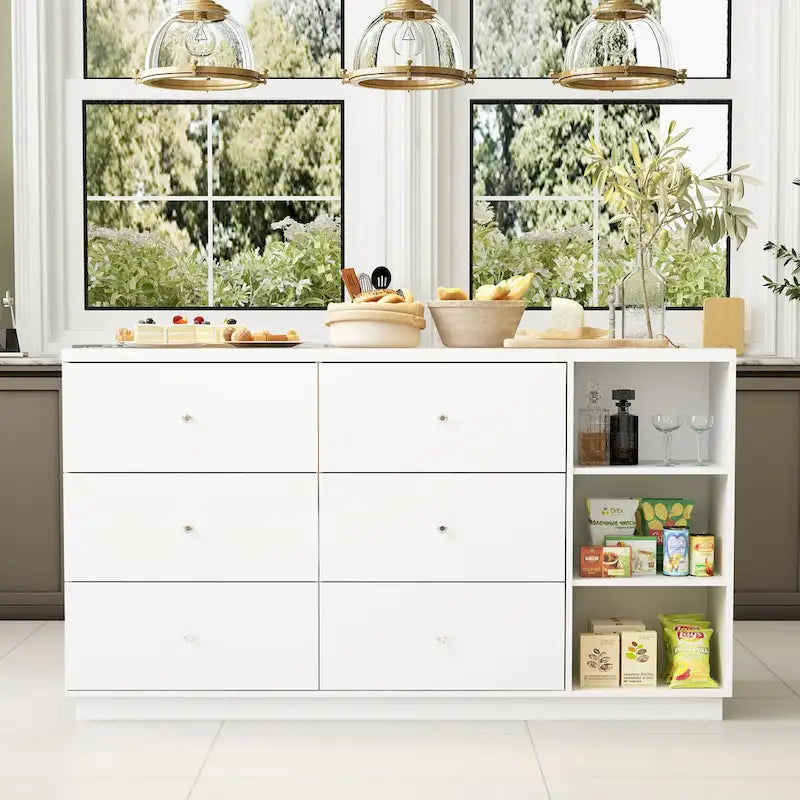 White Storage Sideboard - 63W - 6 Drawers & 2 Cabinets