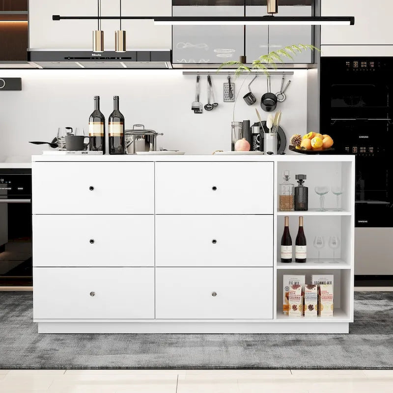 White Storage Sideboard - 63W - 6 Drawers & 2 Cabinets