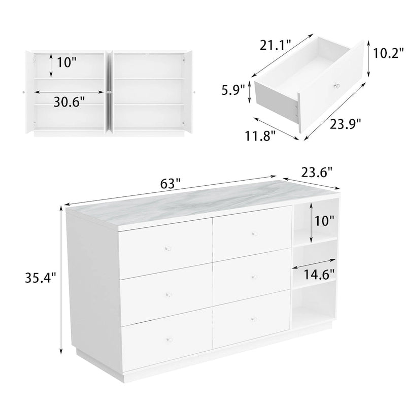 White Storage Sideboard - 63W - 6 Drawers & 2 Cabinets