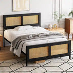Black Bed Frame with Rattan Headboard and Footboard