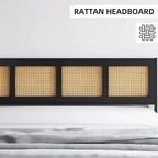 Black Bed Frame with Rattan Headboard and Footboard