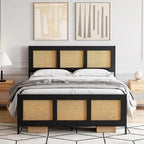 Black Bed Frame with Rattan Headboard and Footboard