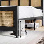 Black Bed Frame with Rattan Headboard and Footboard