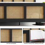 Black Bed Frame with Rattan Headboard and Footboard