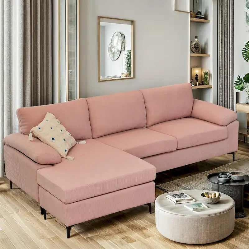 HOOOWOOO Modern Polyester Convertible Chaise Sofa with Metal Legs for Living Room