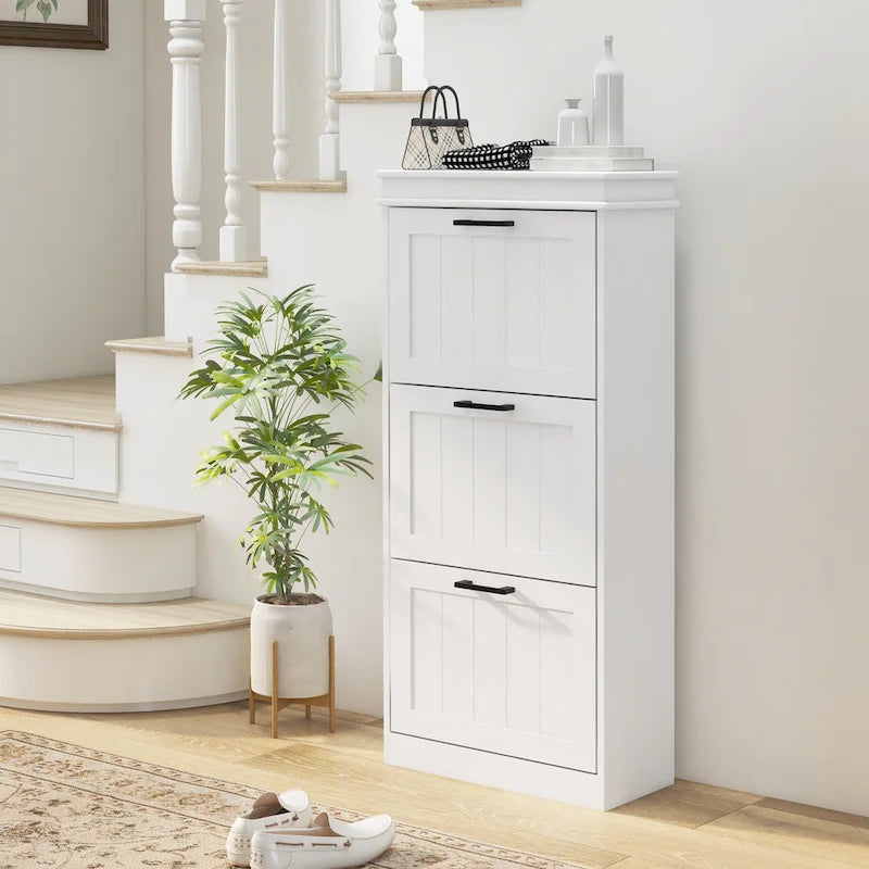 HOMCOM Shoe Cabinet for Entryway, Narrow Shoe Rack Storage Organizer with 3 Flip Drawers and Adjustable Shelves