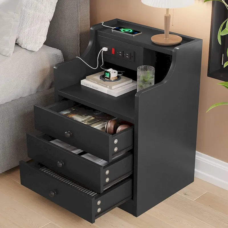 Black Nightstand with Hutch - 3 Drawers - Charging Station