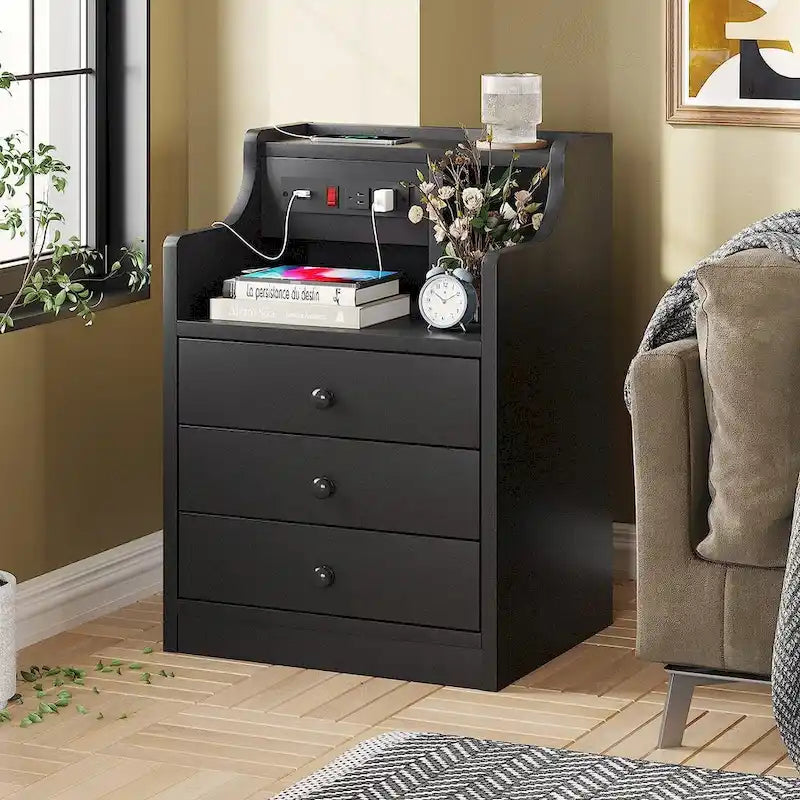 Black Nightstand with Hutch - 3 Drawers - Charging Station