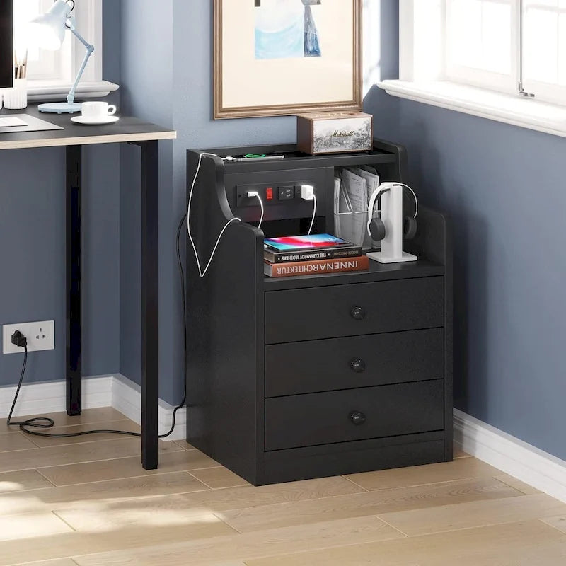 Black Nightstand with Hutch - 3 Drawers - Charging Station