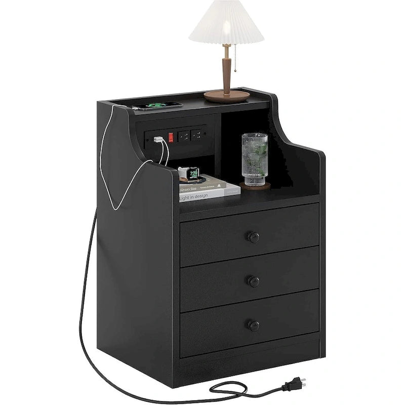 Black Nightstand with Hutch - 3 Drawers - Charging Station