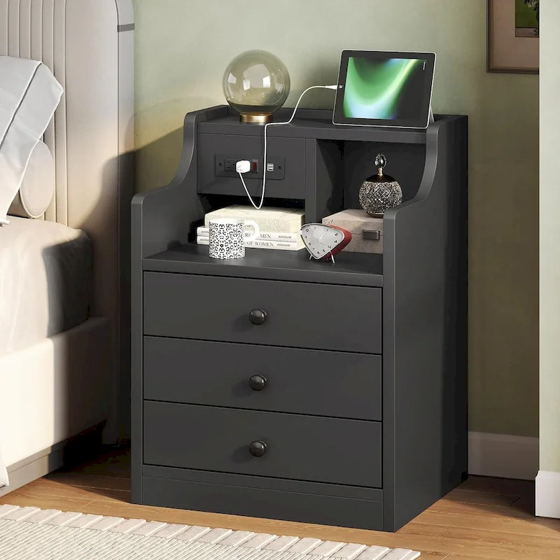 Black Nightstand with Hutch - 3 Drawers - Charging Station