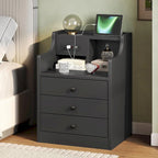 Black Nightstand with Hutch - 3 Drawers - Charging Station