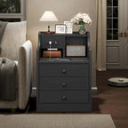 Black Nightstand with Hutch - 3 Drawers - Charging Station