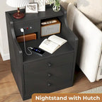 Black Nightstand with Hutch - 3 Drawers - Charging Station