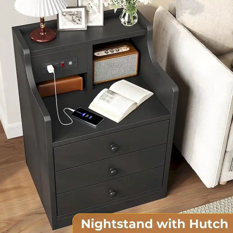 Black Nightstand with Hutch - 3 Drawers - Charging Station