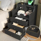 Black Nightstand with Hutch - 3 Drawers - Charging Station
