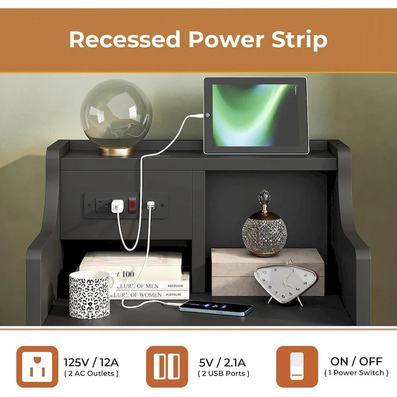 Black Nightstand with Hutch - 3 Drawers - Charging Station
