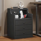 Black Nightstand with Hutch - 3 Drawers - Charging Station