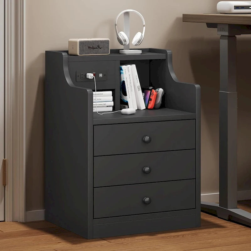 Black Nightstand with Hutch - 3 Drawers - Charging Station