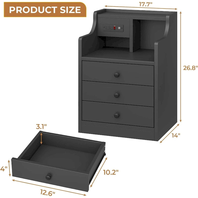 Black Nightstand with Hutch - 3 Drawers - Charging Station