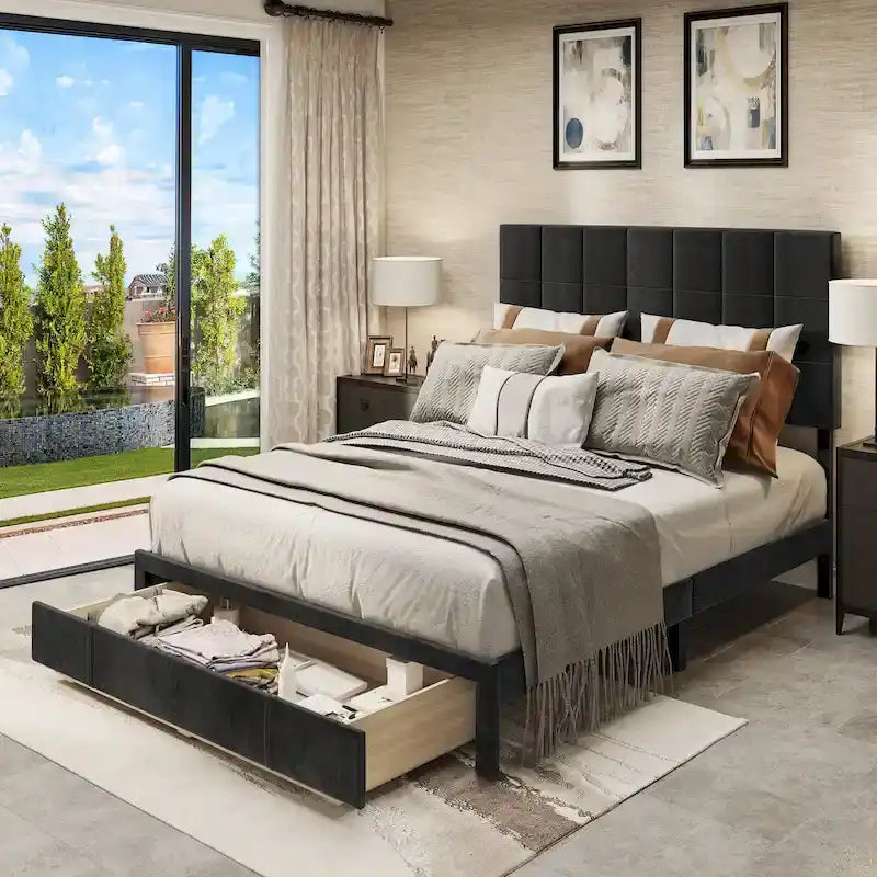 Velvet Queen Platform Bed - Adjustable Headboard - Storage Box - No Box Spring