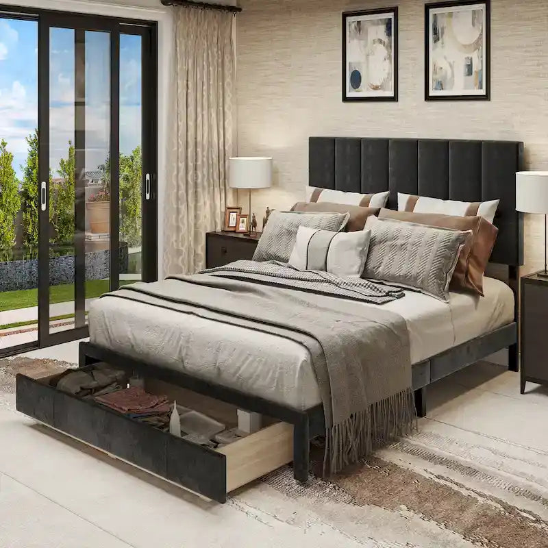 Velvet Queen Platform Bed - Adjustable Headboard - Storage Box - No Box Spring