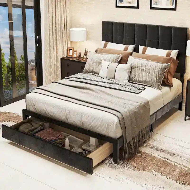 Velvet Queen Platform Bed - Adjustable Headboard - Storage Box - No Box Spring