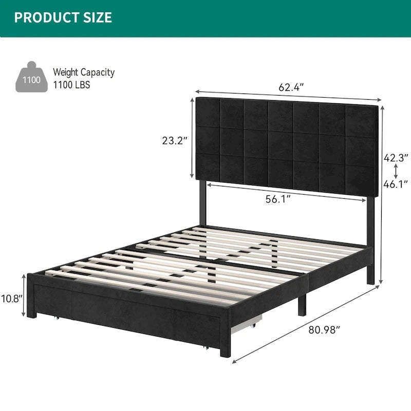 Velvet Queen Platform Bed - Adjustable Headboard - Storage Box - No Box Spring