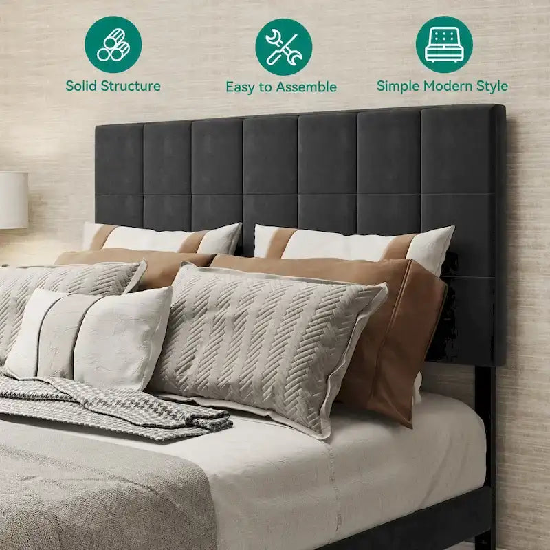 Velvet Queen Platform Bed - Adjustable Headboard - Storage Box - No Box Spring