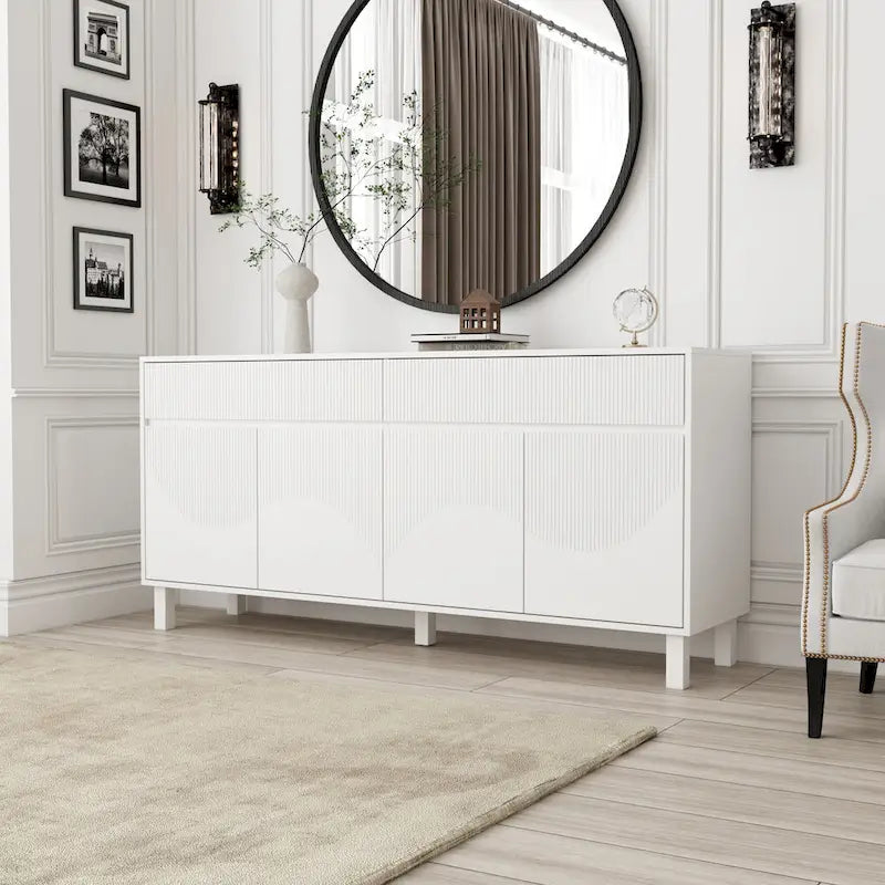 White Buffet Sideboard - 63W - 4 Doors & 2 Drawers - Pine Legs
