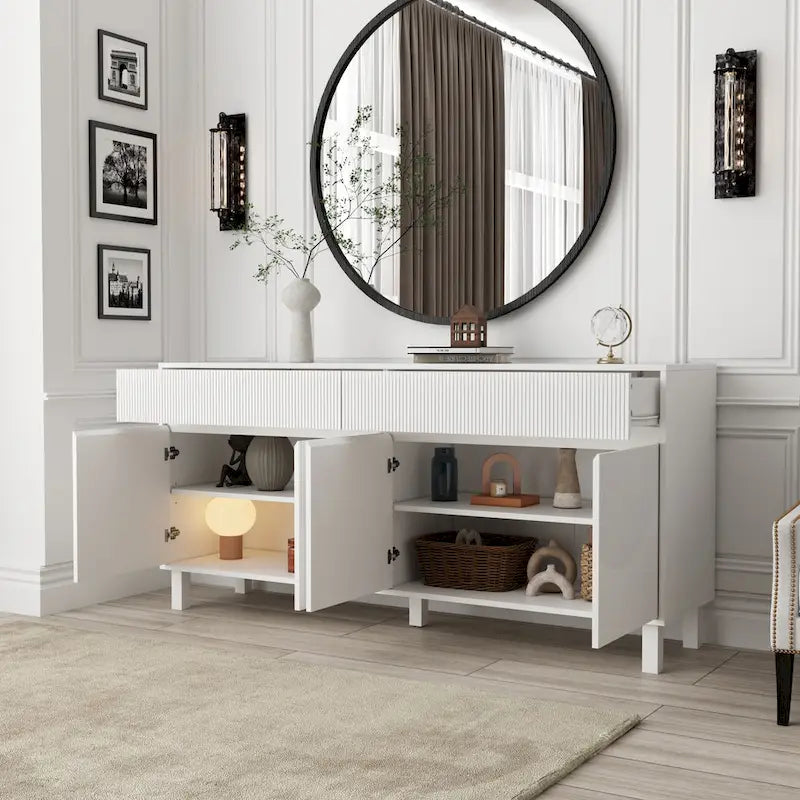 White Buffet Sideboard - 63W - 4 Doors & 2 Drawers - Pine Legs