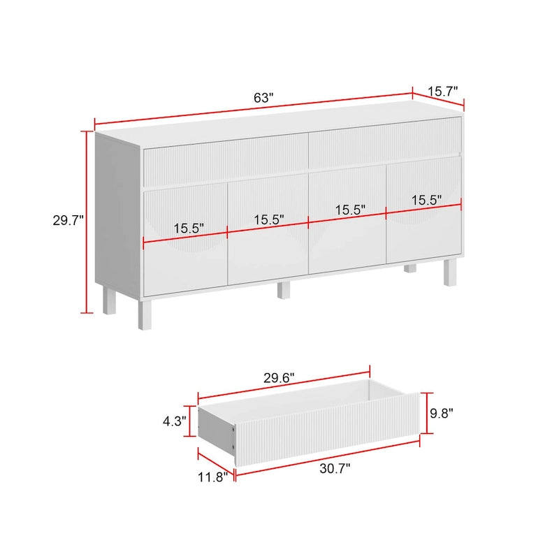 White Buffet Sideboard - 63W - 4 Doors & 2 Drawers - Pine Legs