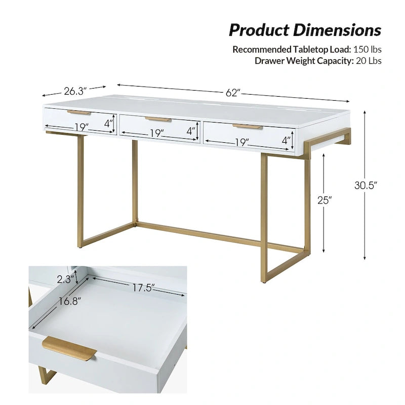 Patricia Modern 3 Drawer Desk with USB Ports and Outlet by HULALA HOME