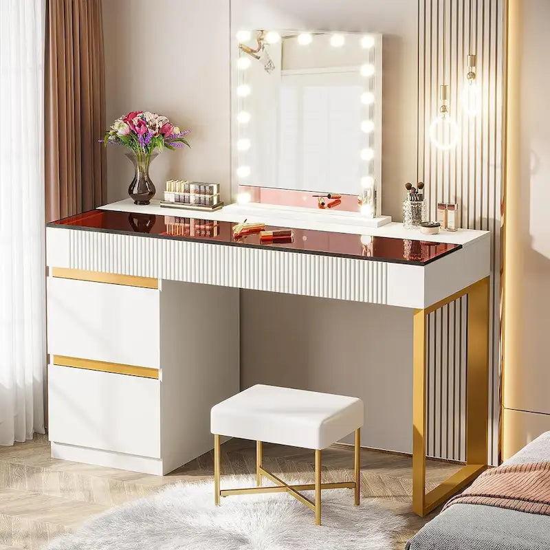 47 Inch Modern Computer Desk with 4 Drawers, Home Office Desk with Glass Top, Makeup Vanity Table