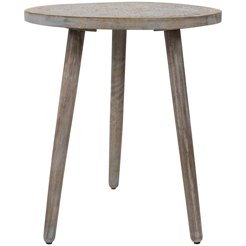21 Antique Gray Engraved Round Tri Leg Wooden Side Table
