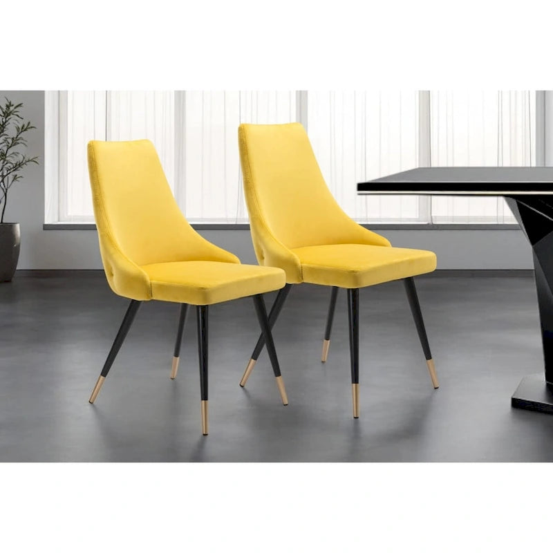  Set of Two Tufted Yellow And Black Upholstered Velvet Windsor Back Dining Side Chairs
