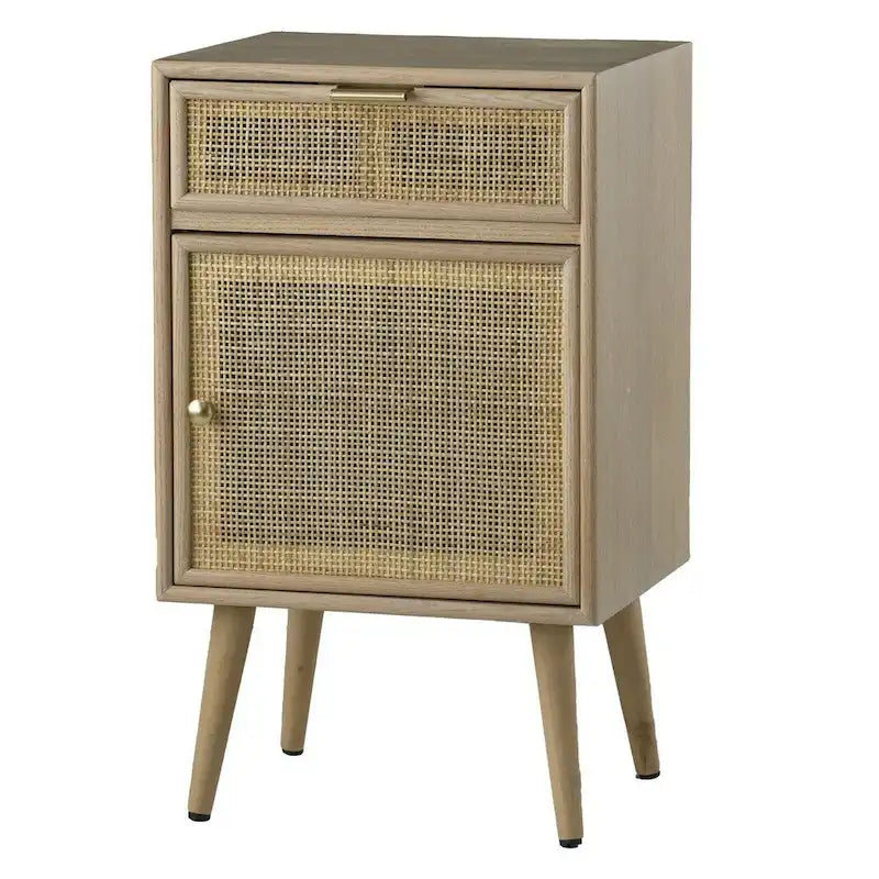 Natural Brown Rattan Accent Cabinet - 1 Drawer & 1 Door - Pine Wood