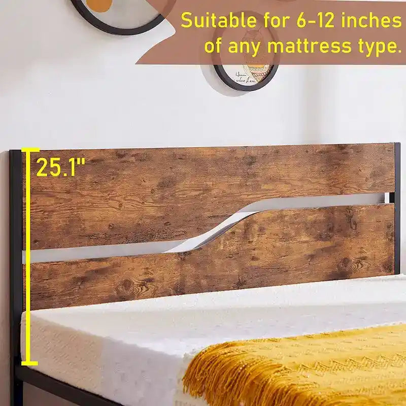 Javlergo Metal Platform Bed Frame with Wooden Headboard and Footboard, Industrial Metal Bedframe No Box Spring Needed